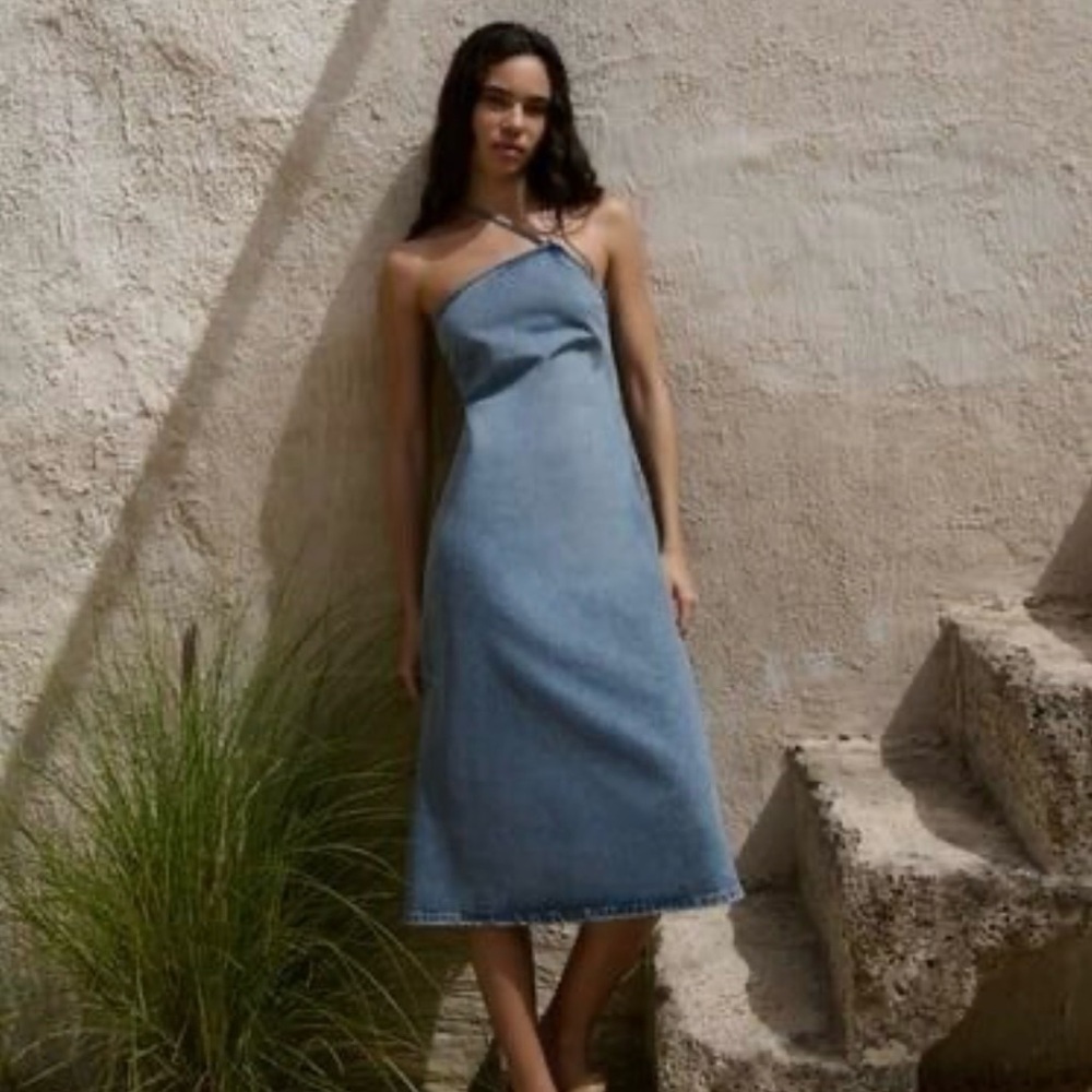 Asymmetrical Blue Denim Spaghetti Strap Dress
